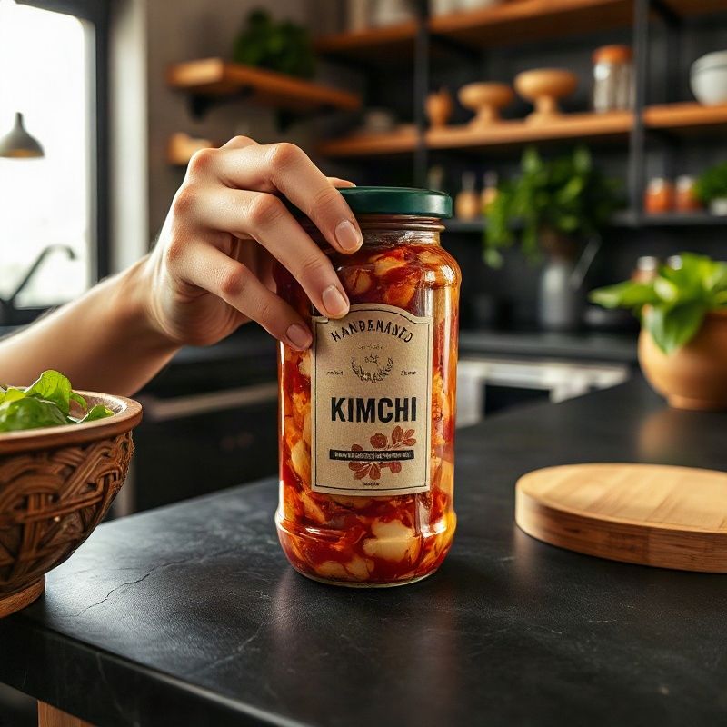 Mãos colocando rótulo artesanal em pote de kimchi sobre bancada de pedra