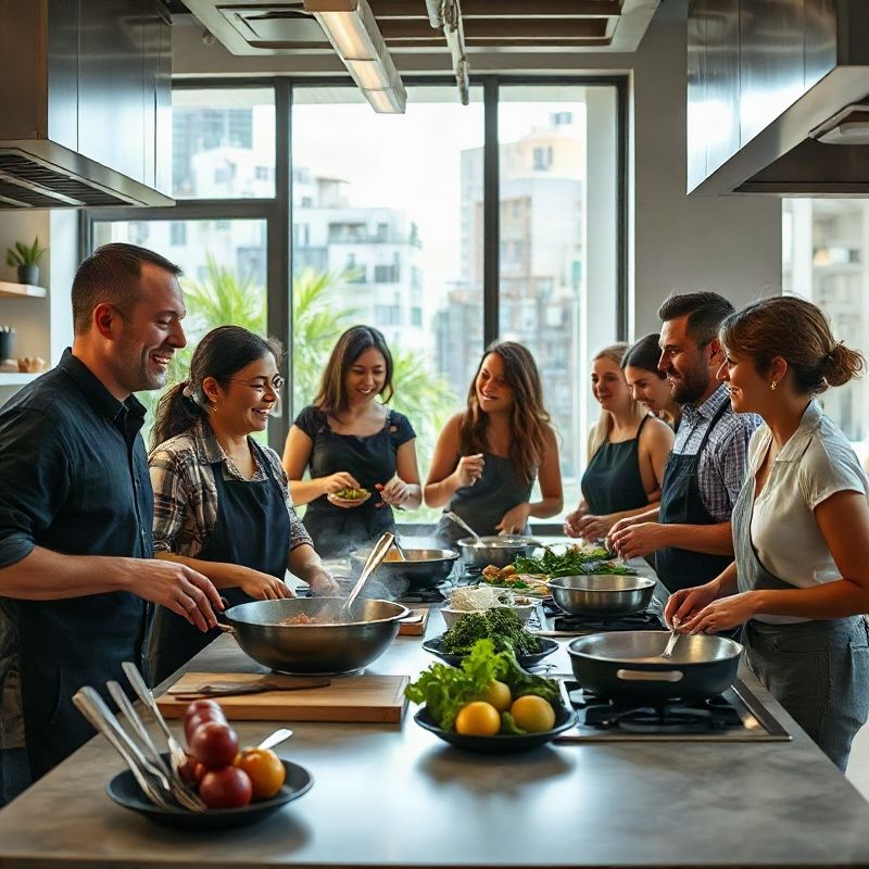 Equipe corporativa rindo e cozinhando junta em cozinha moderna de São Paulo