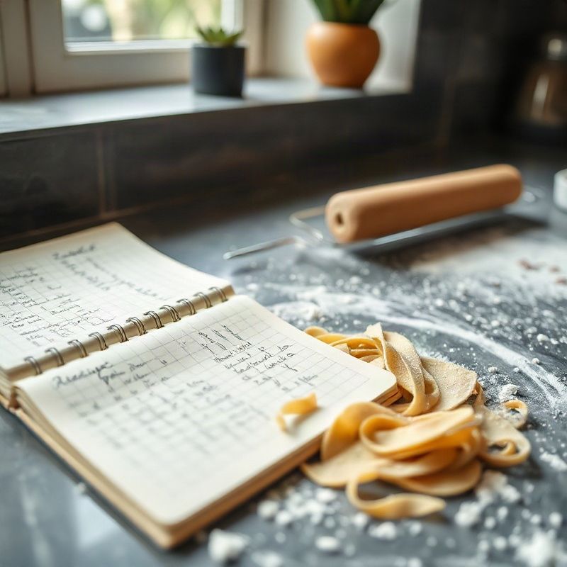 Caderno de receitas ao lado de massa fresca sobre bancada enfarinhada
