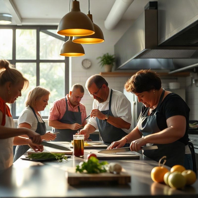 Grupo pequeno de adultos aprendendo técnica de faca em estúdio de cozinha em São Paulo